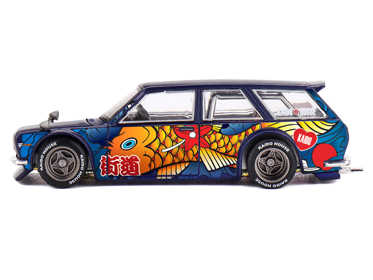 Datsun Kaido 510 Wagon RHD (Right Hand Drive) 'Koi Wagon V1' Blue with Koi Fish Graphics (Designed by Jun Imai) 'Kaido House' Special 1/64 Diecast Model Car by Mini GT