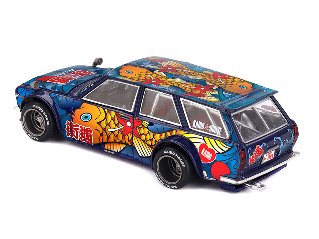 Datsun Kaido 510 Wagon RHD (Right Hand Drive) 'Koi Wagon V1' Blue with Koi Fish Graphics (Designed by Jun Imai) 'Kaido House' Special 1/64 Diecast Model Car by Mini GT
