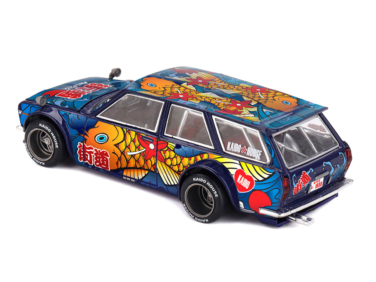 Datsun Kaido 510 Wagon RHD (Right Hand Drive) 'Koi Wagon V1' Blue with Koi Fish Graphics (Designed by Jun Imai) 'Kaido House' Special 1/64 Diecast Model Car by Mini GT