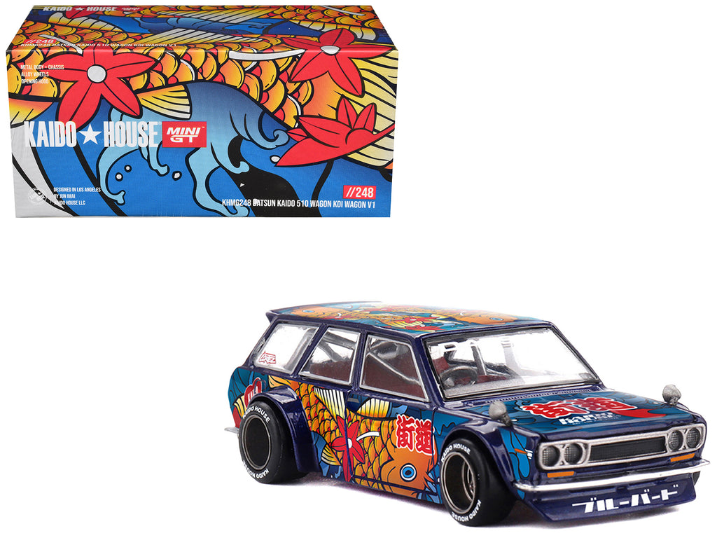 Datsun Kaido 510 Wagon RHD (Right Hand Drive) 'Koi Wagon V1' Blue with Koi Fish Graphics (Designed by Jun Imai) 'Kaido House' Special 1/64 Diecast Model Car by Mini GT