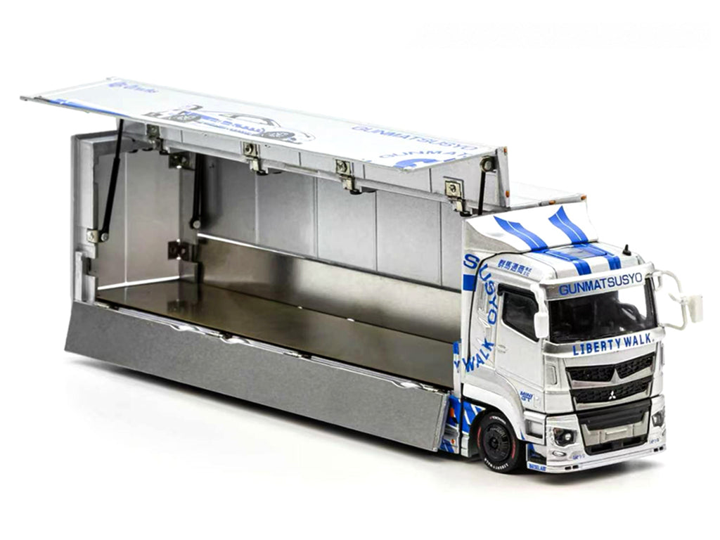 Mitsubishi Fuso Super Great Transporter RHD (Right Hand Drive) 'LB-Trucks - Gunmatsusyo' Silver Metallic with Blue Graphics 'Tokyo Auto Salon (TAS) 2026 Exclusive' 1/64 Diecast Model by GCD
