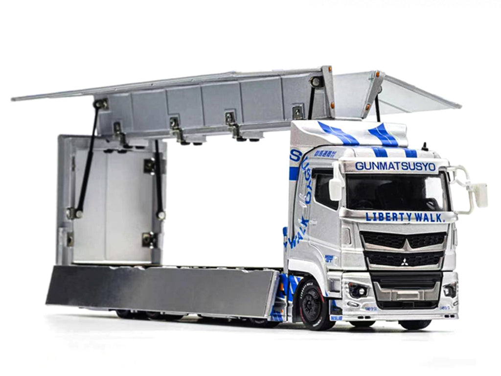 Mitsubishi Fuso Super Great Transporter RHD (Right Hand Drive) 'LB-Trucks - Gunmatsusyo' Silver Metallic with Blue Graphics 'Tokyo Auto Salon (TAS) 2026 Exclusive' 1/64 Diecast Model by GCD