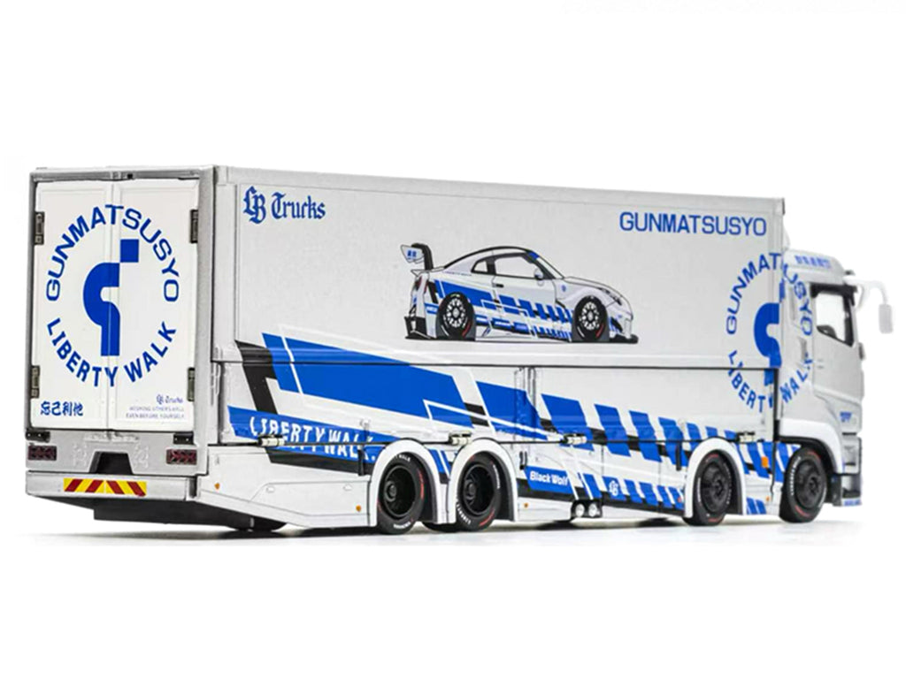 Mitsubishi Fuso Super Great Transporter RHD (Right Hand Drive) 'LB-Trucks - Gunmatsusyo' Silver Metallic with Blue Graphics 'Tokyo Auto Salon (TAS) 2026 Exclusive' 1/64 Diecast Model by GCD