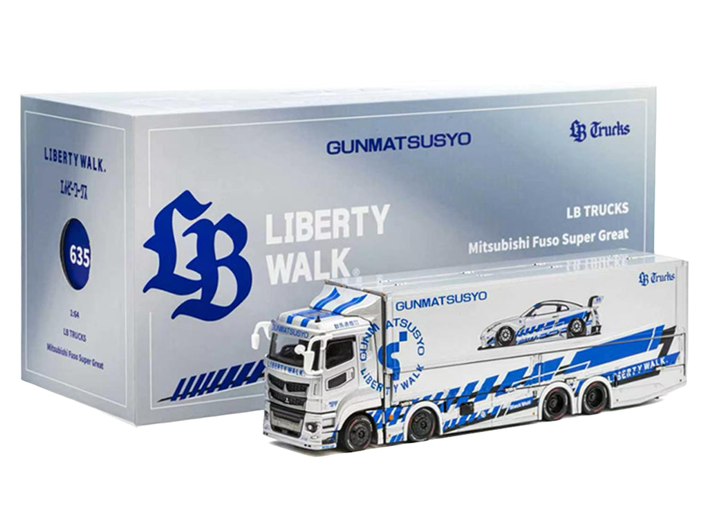 Mitsubishi Fuso Super Great Transporter RHD (Right Hand Drive) 'LB-Trucks - Gunmatsusyo' Silver Metallic with Blue Graphics 'Tokyo Auto Salon (TAS) 2026 Exclusive' 1/64 Diecast Model by GCD