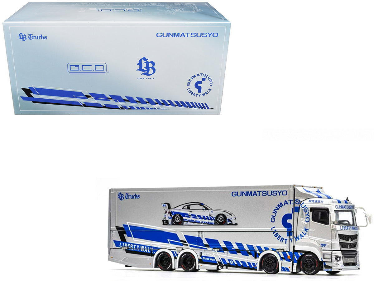 Mitsubishi Fuso Super Great Transporter RHD (Right Hand Drive) 'LB-Trucks - Gunmatsusyo' Silver Metallic with Blue Graphics 'Tokyo Auto Salon (TAS) 2026 Exclusive' 1/64 Diecast Model by GCD