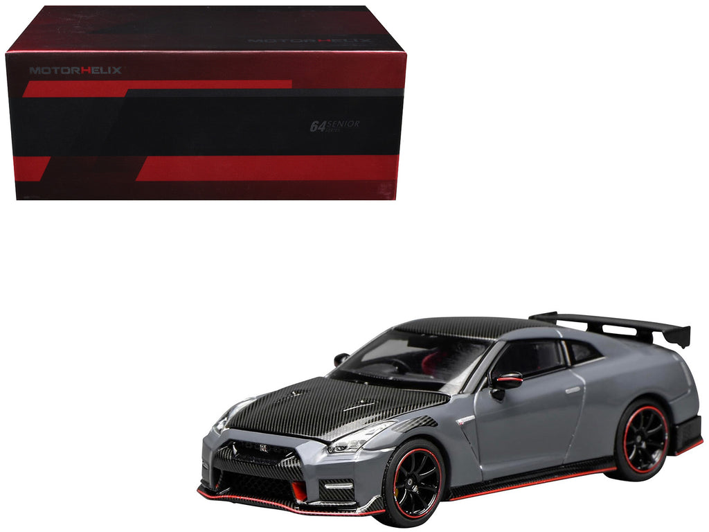 2022 Nissan GT-R Nismo (R35) RHD (Right Hand Drive) Stealth Gray with Carbon Hood and Top 'Senior 64' Series 1/64 Diecast Model Car by MotorHelix