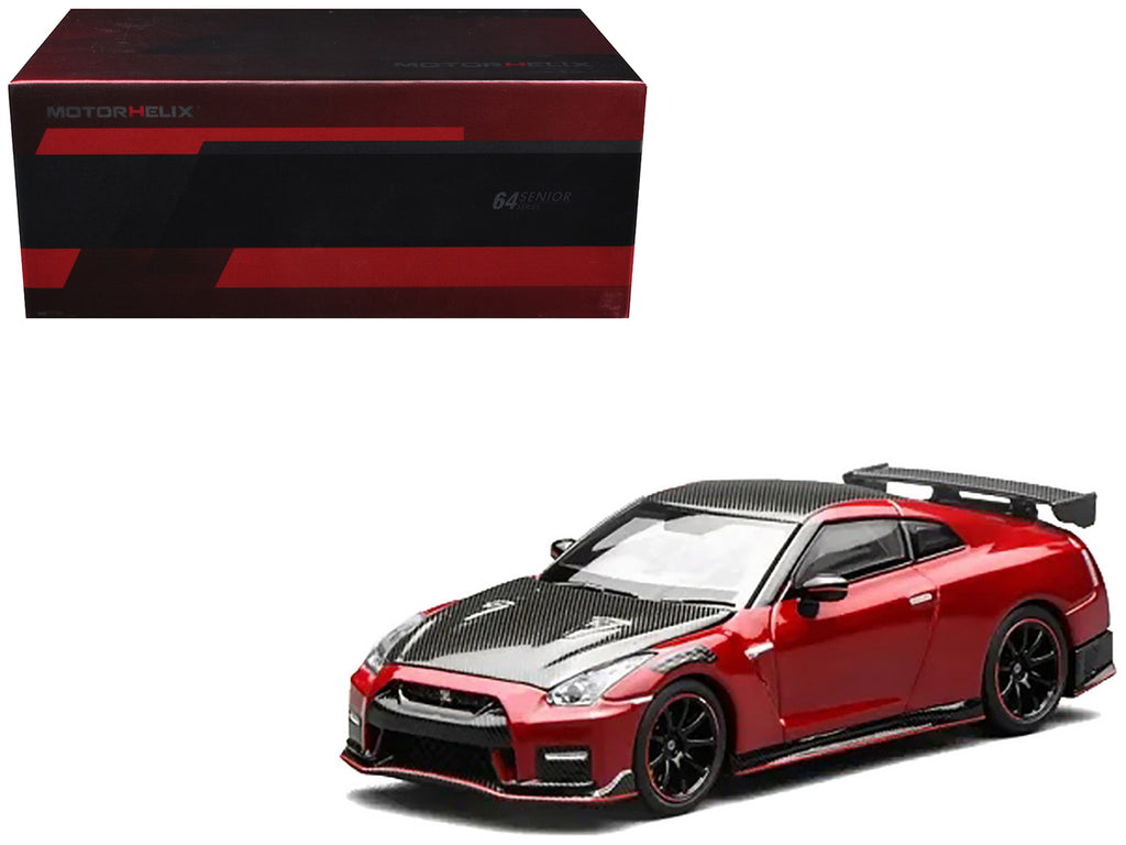2022 Nissan GT-R Nismo (R35) RHD (Right Hand Drive) Vibrant Red with Carbon Hood and Top 'Senior 64' Series 1/64 Diecast Model Car by MotorHelix
