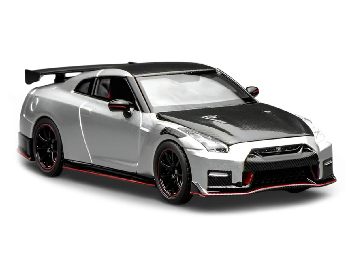 2022 Nissan GT-R Nismo (R35) RHD (Right Hand Drive) Ultimate Metal Silver Metallic with Carbon Hood and Top 'Senior 64' Series 1/64 Diecast Model Car by MotorHelix