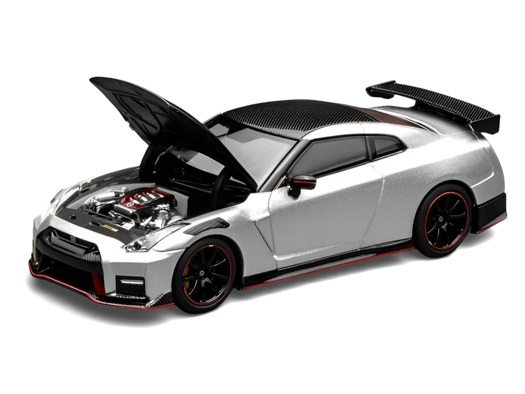 2022 Nissan GT-R Nismo (R35) RHD (Right Hand Drive) Ultimate Metal Silver Metallic with Carbon Hood and Top 'Senior 64' Series 1/64 Diecast Model Car by MotorHelix