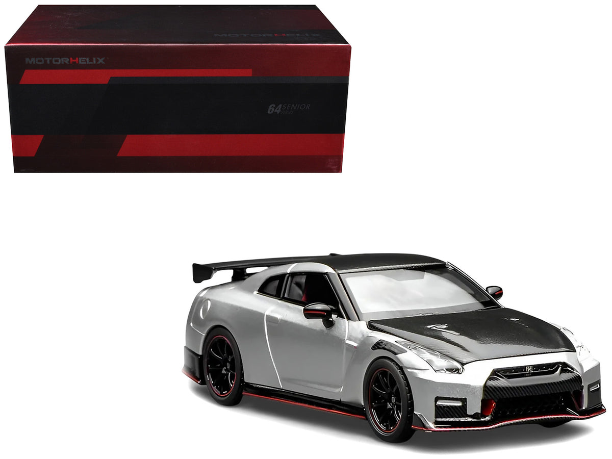 2022 Nissan GT-R Nismo (R35) RHD (Right Hand Drive) Ultimate Metal Silver Metallic with Carbon Hood and Top 'Senior 64' Series 1/64 Diecast Model Car by MotorHelix