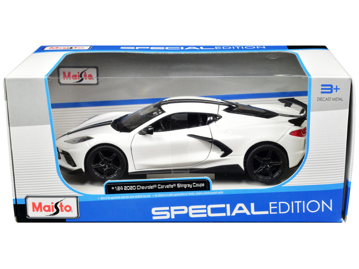 2020 Chevrolet Corvette Stingray Coupe White with Black Stripes 'Special Edition' Series 1/24 Diecast Model Car by Maisto