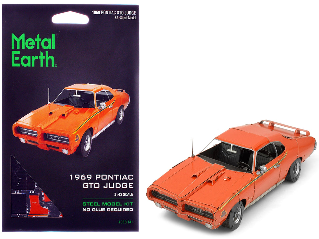 Model Kit 1969 Pontiac GTO Judge Orange with Black Stripes (Moderate Difficulty) Steel Model by Metal Earth