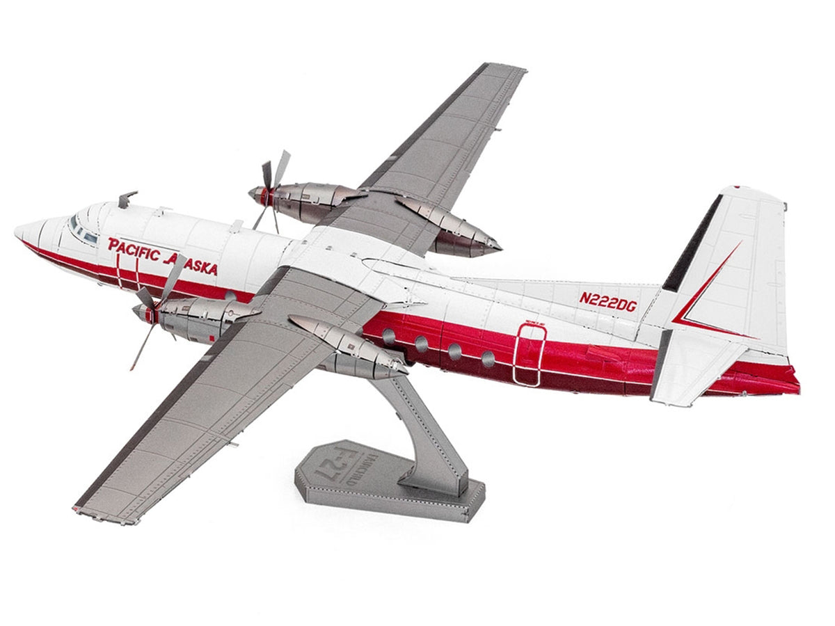 Model Kit Fairchild F-27 Commercial Aircraft 'Pacific Alaska' White with Red Stripes (Moderate Difficulty) Steel Model by Metal Earth
