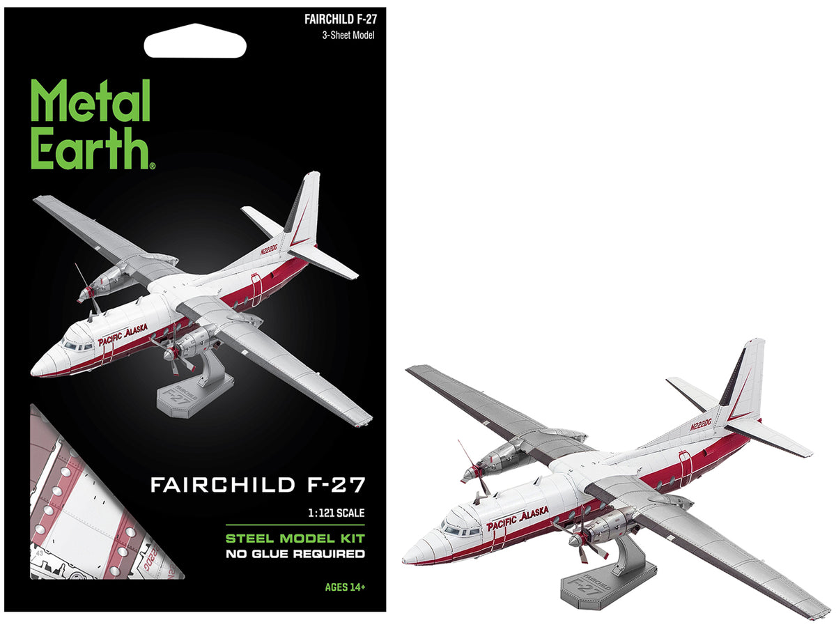 Model Kit Fairchild F-27 Commercial Aircraft 'Pacific Alaska' White with Red Stripes (Moderate Difficulty) Steel Model by Metal Earth