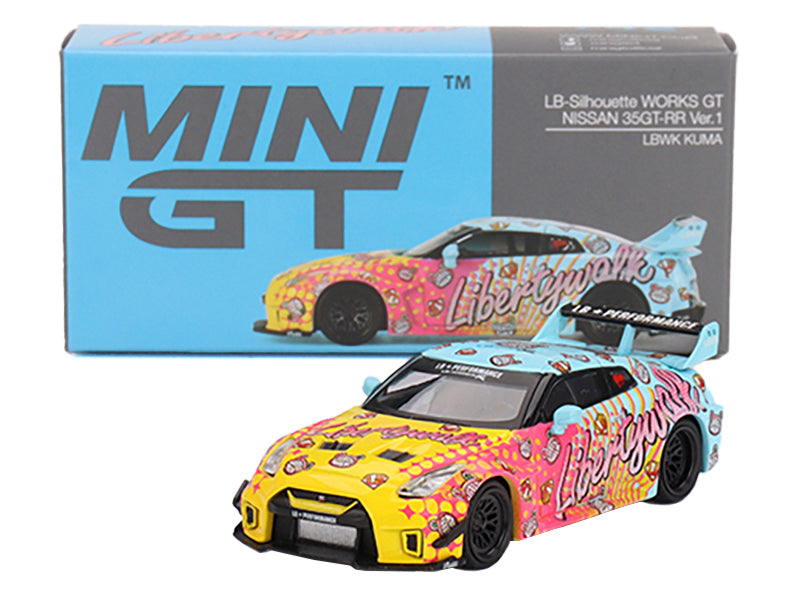 Nissan 35GT-RR Ver.1 'LB-Silhouette Works GT' Light Blue and Yellow with Graphics 'LBWK KUMA' Limited Edition 1/64 Diecast Model Car by Mini GT