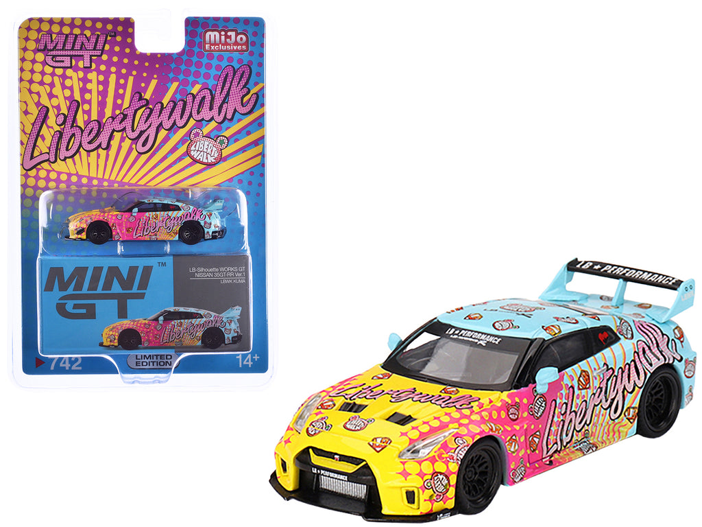 Nissan 35GT-RR Ver.1 'LB-Silhouette Works GT' Light Blue and Yellow with Graphics 'LBWK KUMA' Limited Edition 1/64 Diecast Model Car by Mini GT