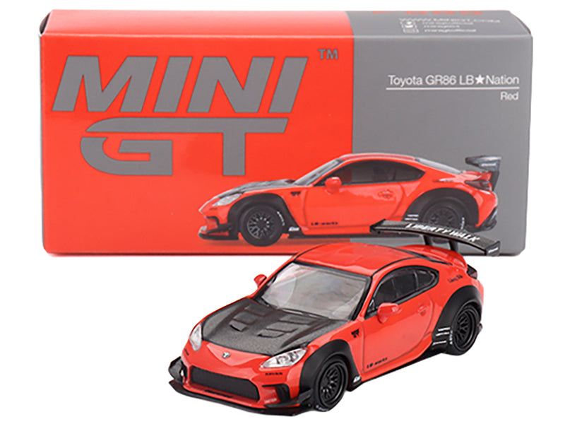 Toyota GR86 'LB-Nation - Liberty Walk' Red with Carbon Hood Limited Edition 1/64 Diecast Model Car by Mini GT