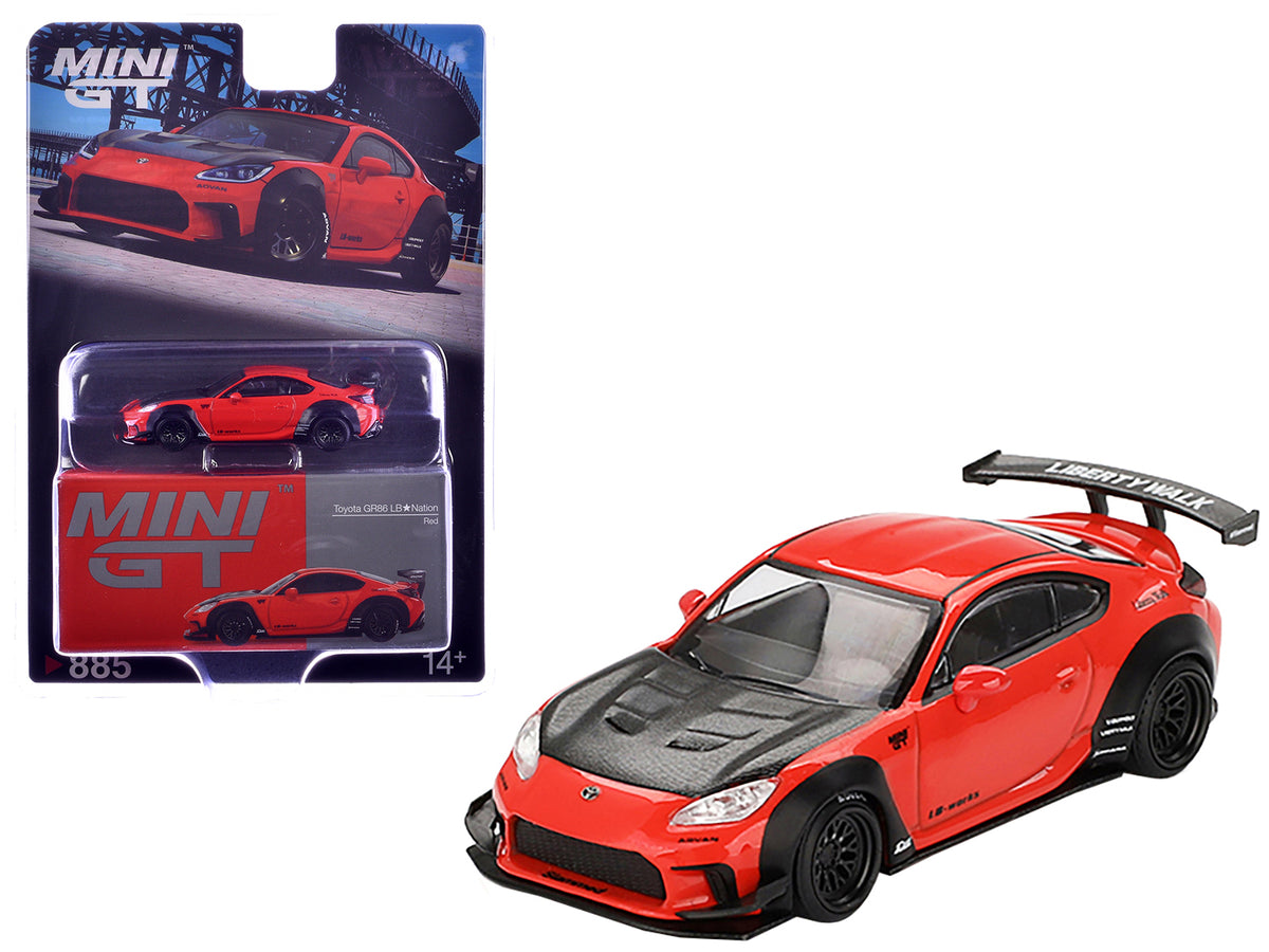 Toyota GR86 'LB-Nation - Liberty Walk' Red with Carbon Hood Limited Edition 1/64 Diecast Model Car by Mini GT