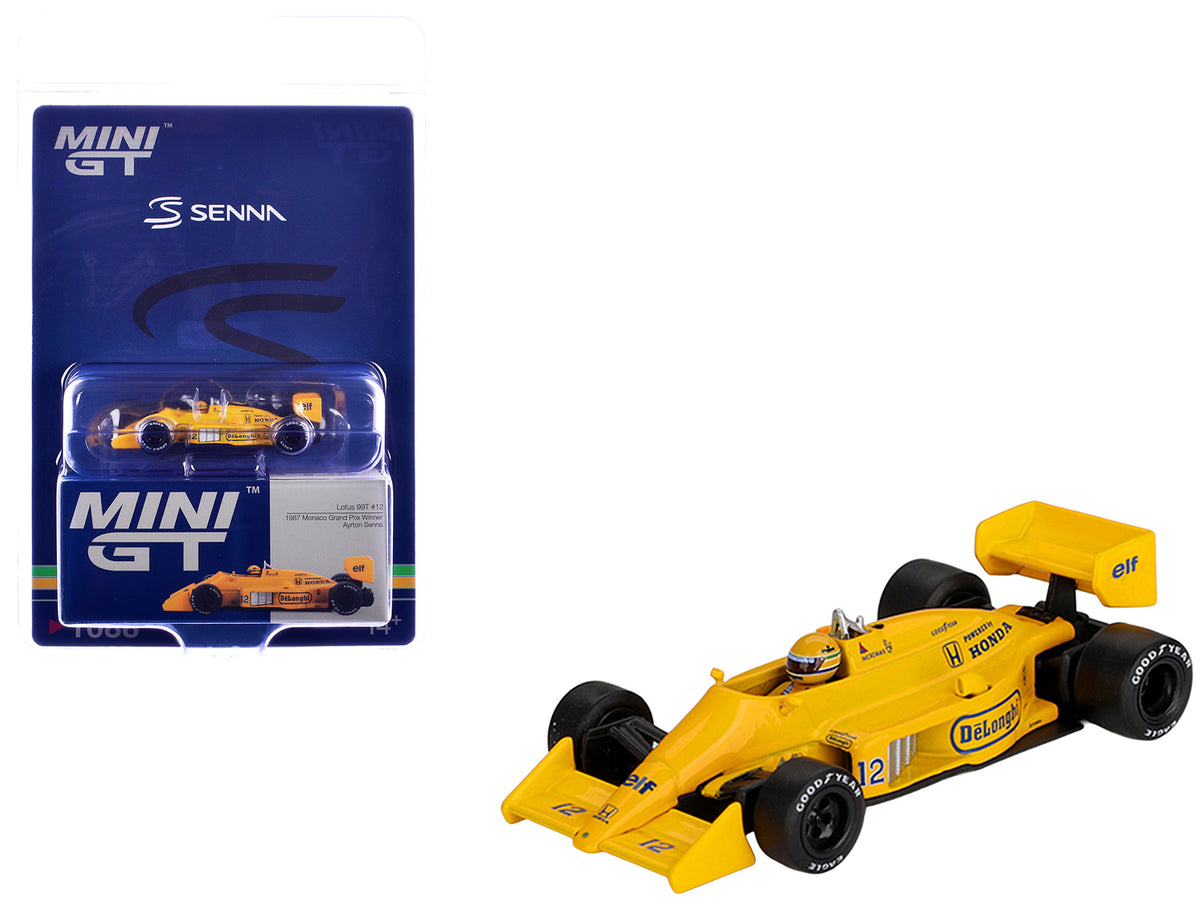 Lotus 99T #12 Ayrton Senna Winner Formula One F1 'Monaco GP' (1987) with Driver Figure Limited Edition 1/64 Die Cast Model Car by Mini GT