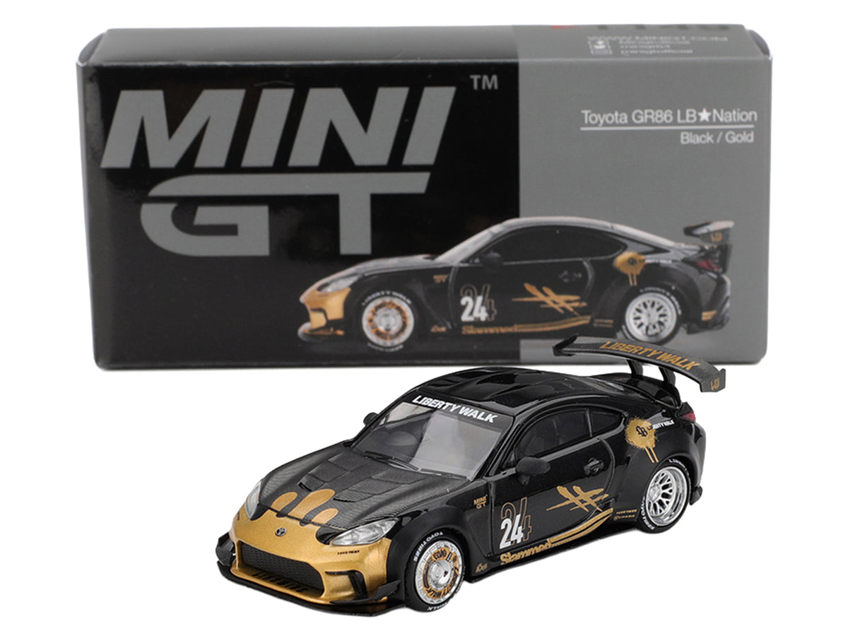 Toyota GR86 'LB-Nation - Liberty Walk' #24 Black with Carbon Hood and Gold Graphics Limited Edition 1/64 Diecast Model Car by Mini GT