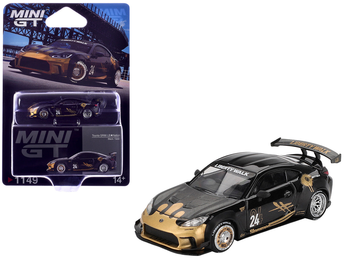 Toyota GR86 'LB-Nation - Liberty Walk' #24 Black with Carbon Hood and Gold Graphics Limited Edition 1/64 Diecast Model Car by Mini GT