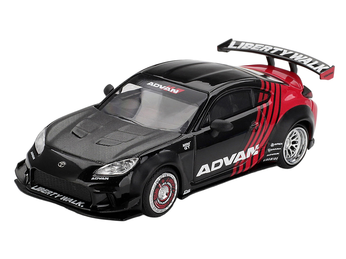 Toyota GR86 'LB-Nation - Liberty Walk' RHD (Right Hand Drive) 'ADVAN' Black and Red with Carbon Hood Limited Edition 1/64 Die Cast Model Car by Mini GT
