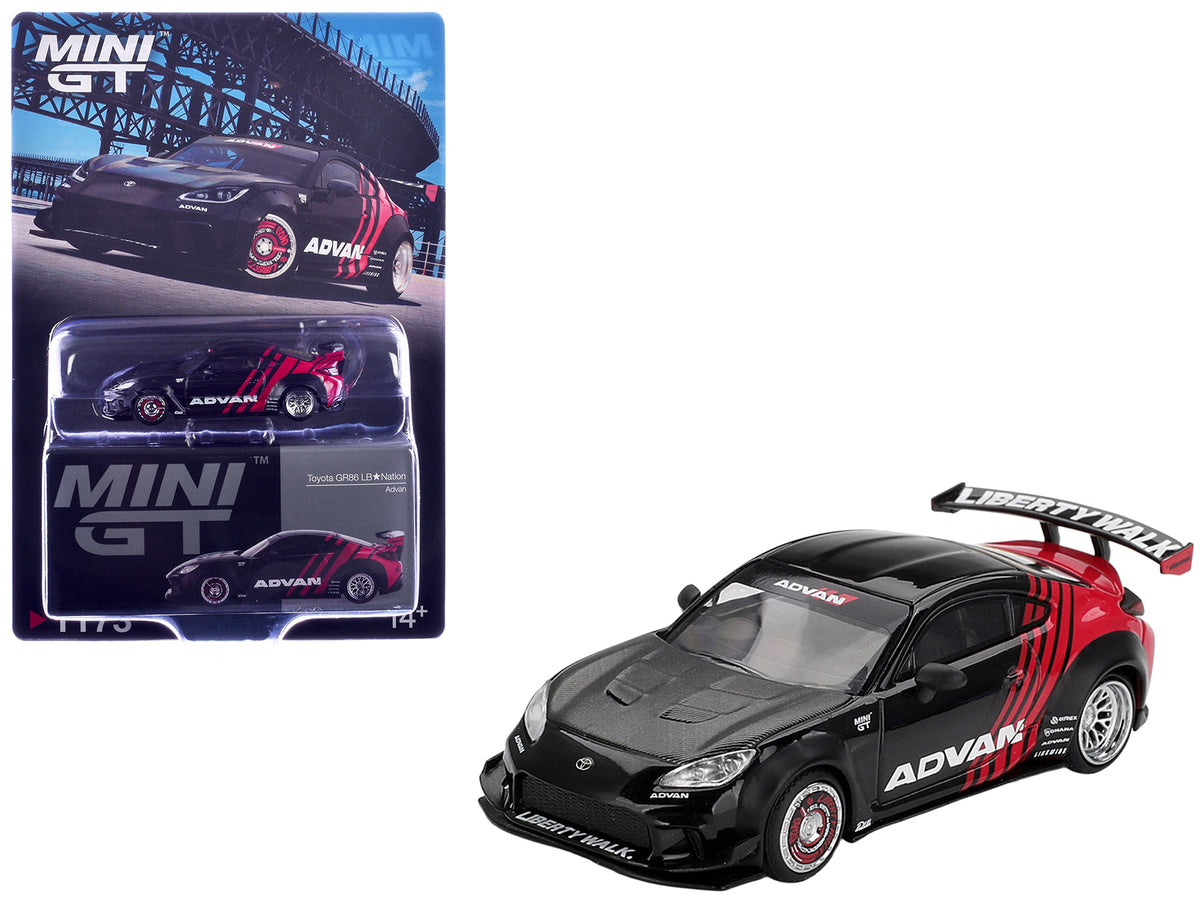 Toyota GR86 'LB-Nation - Liberty Walk' RHD (Right Hand Drive) 'ADVAN' Black and Red with Carbon Hood Limited Edition 1/64 Die Cast Model Car by Mini GT