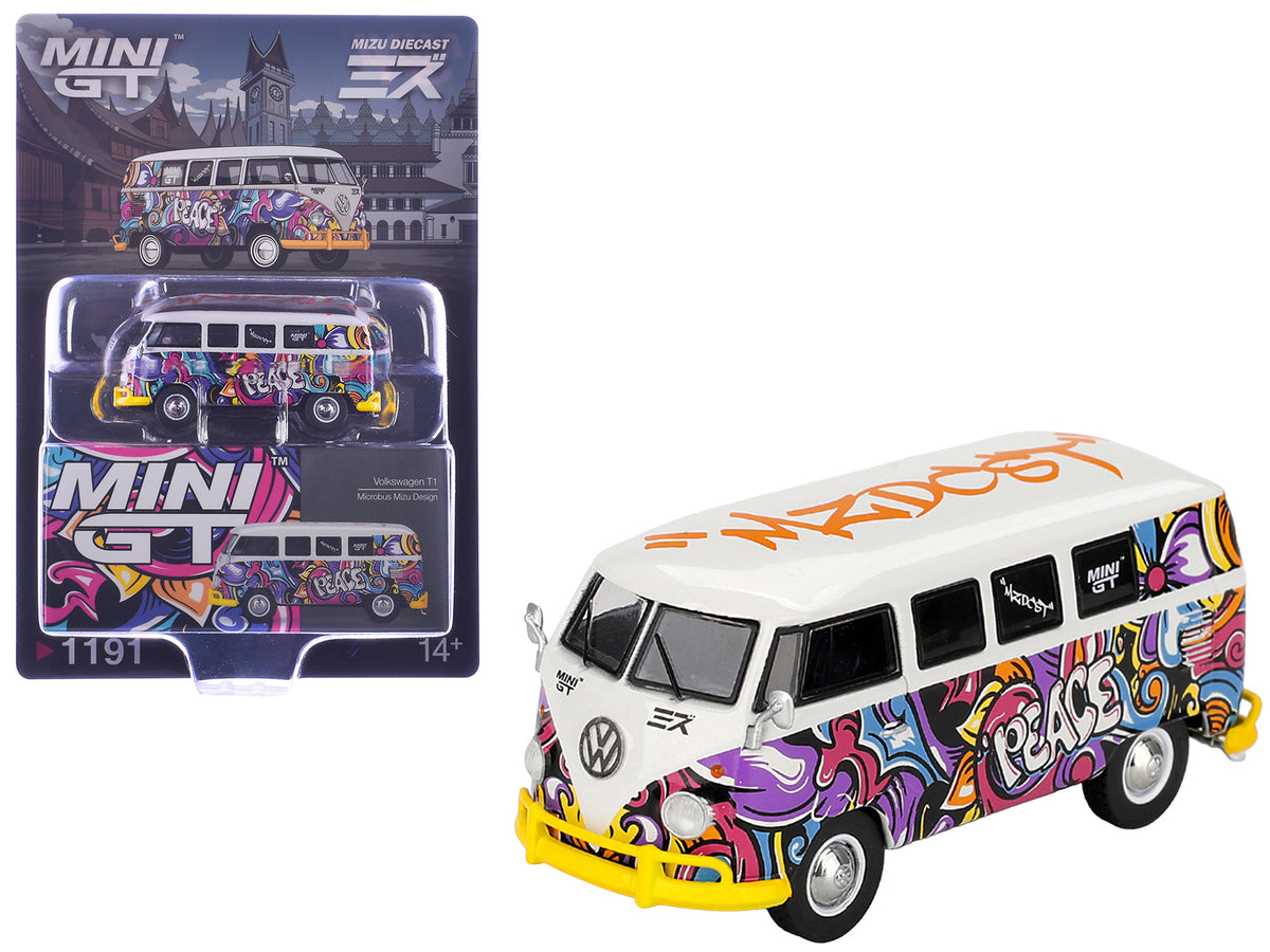 Volkswagen T1 Microbus 'Mizu Design' White with Graffiti Graphics Limited Edition 1/64 Diecast Model Car by Mini GT