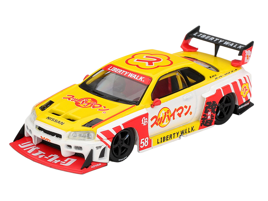 Nissan LB-ER34 Super Silhouette Skyline RHD (Right Hand Drive) #58 'Suppaiman Okinawa' Yellow and White with Graphics Limited Edition 1/64 Diecast Model Car by Mini GT