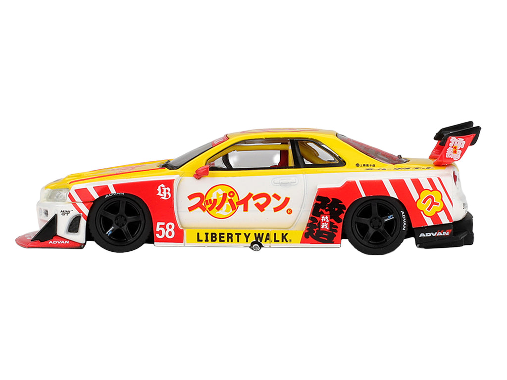 Nissan LB-ER34 Super Silhouette Skyline RHD (Right Hand Drive) #58 'Suppaiman Okinawa' Yellow and White with Graphics Limited Edition 1/64 Diecast Model Car by Mini GT