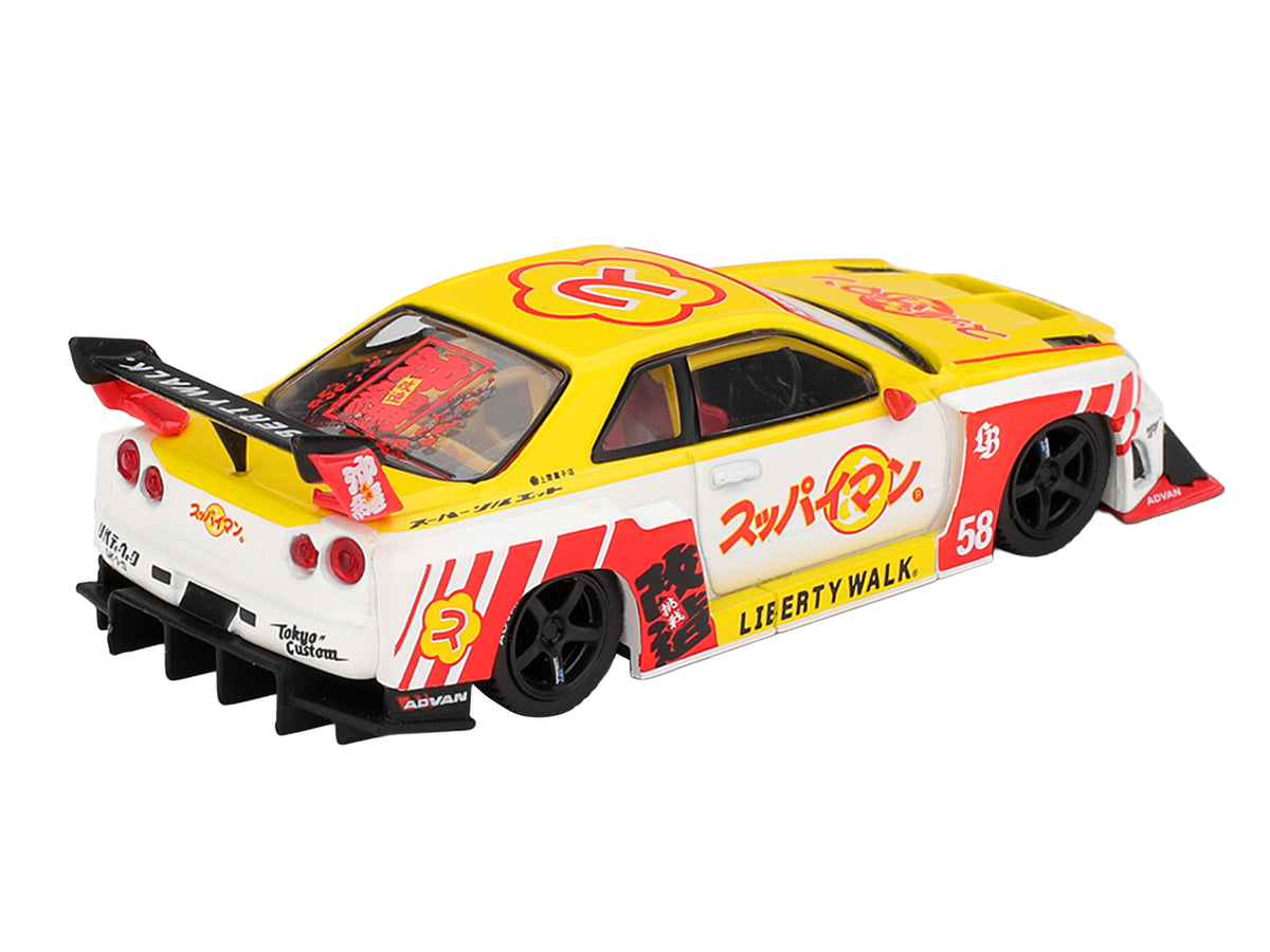 Nissan LB-ER34 Super Silhouette Skyline RHD (Right Hand Drive) #58 'Suppaiman Okinawa' Yellow and White with Graphics Limited Edition 1/64 Diecast Model Car by Mini GT
