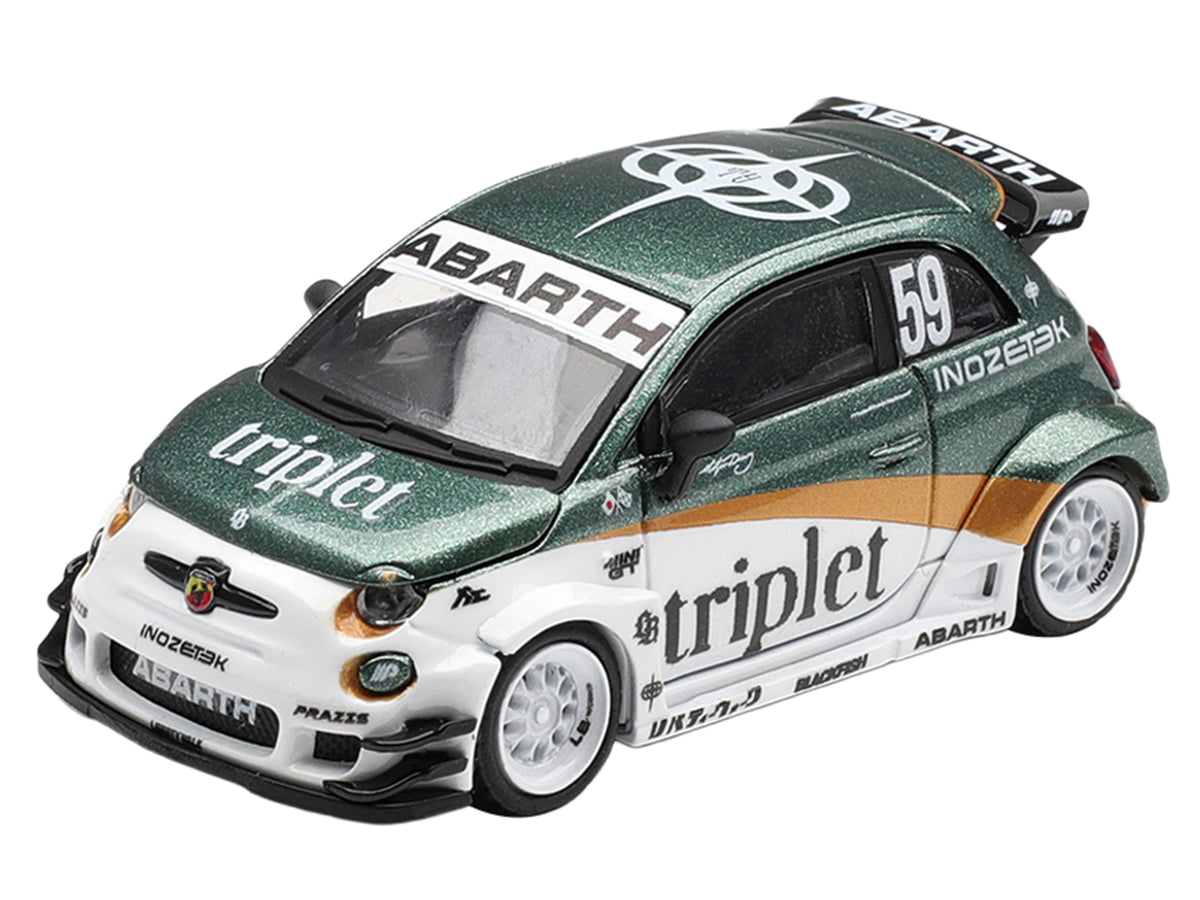 Abarth 595 LB-Works 'TY Edition' #59 Green Metallic and White with Gold Stripes and Graphics Limited Edition 1/64 Die Cast Model Car by Mini GT