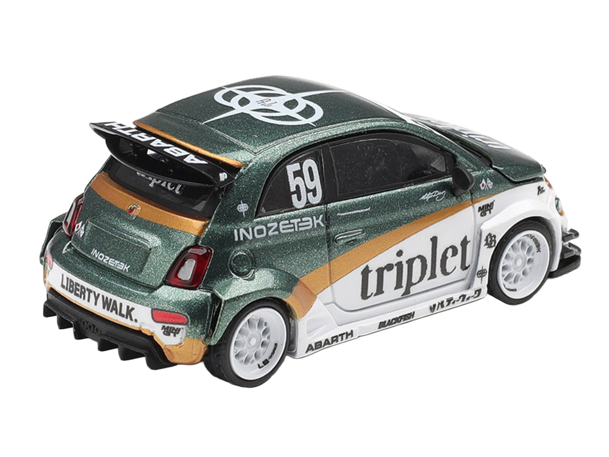 Abarth 595 LB-Works 'TY Edition' #59 Green Metallic and White with Gold Stripes and Graphics Limited Edition 1/64 Die Cast Model Car by Mini GT