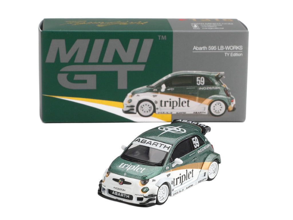 Abarth 595 LB-Works 'TY Edition' #59 Green Metallic and White with Gold Stripes and Graphics Limited Edition 1/64 Die Cast Model Car by Mini GT