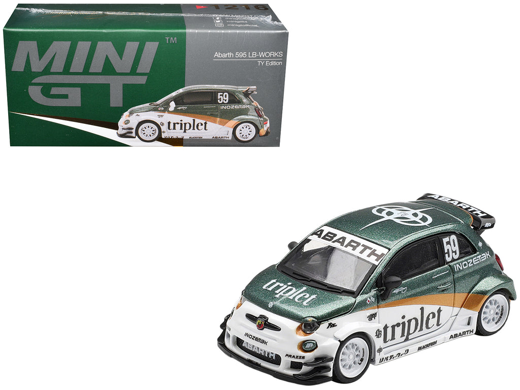Abarth 595 LB-Works 'TY Edition' #59 Green Metallic and White with Gold Stripes and Graphics Limited Edition 1/64 Die Cast Model Car by Mini GT