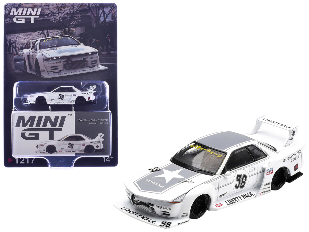 Nissan Skyline GT-R (R32) RHD (Right Hand Drive) #58 'Kaido Works' White with Gray Graphics 'Tokyo Auto Salon 2025' Limited Edition 1/64 Diecast Model Car by Mini GT