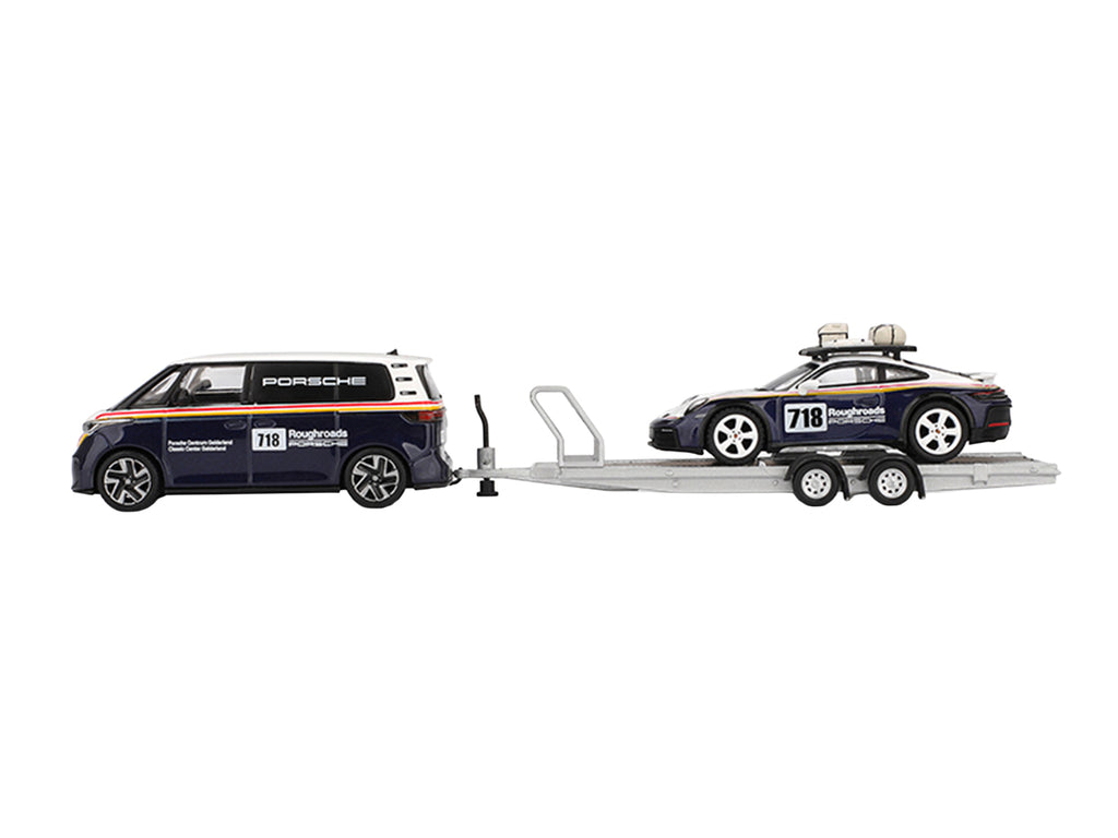 Porsche 911 Dakar #718 Blue and White with Roof Rack and Volkswagen ID. Buzz Blue and White with Flatbed Trailer 'Porsche Centrum Gelderland Roughroads' Set of 3 pieces Limited Edition 1/64 Diecast Model Car by Mini GT