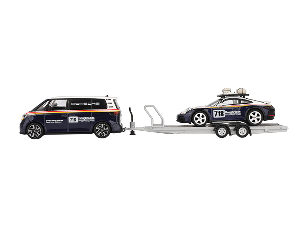 Porsche 911 Dakar #718 Blue and White with Roof Rack and Volkswagen ID. Buzz Blue and White with Flatbed Trailer 'Porsche Centrum Gelderland Roughroads' Set of 3 pieces Limited Edition 1/64 Diecast Model Car by Mini GT