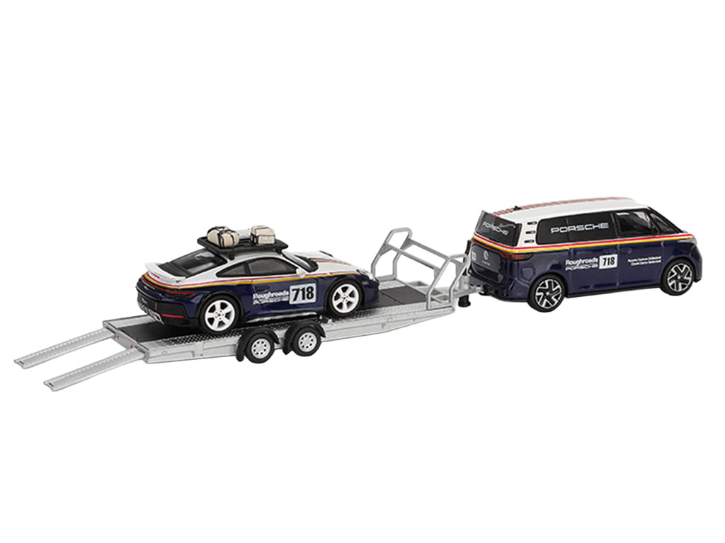 Porsche 911 Dakar #718 Blue and White with Roof Rack and Volkswagen ID. Buzz Blue and White with Flatbed Trailer 'Porsche Centrum Gelderland Roughroads' Set of 3 pieces Limited Edition 1/64 Diecast Model Car by Mini GT
