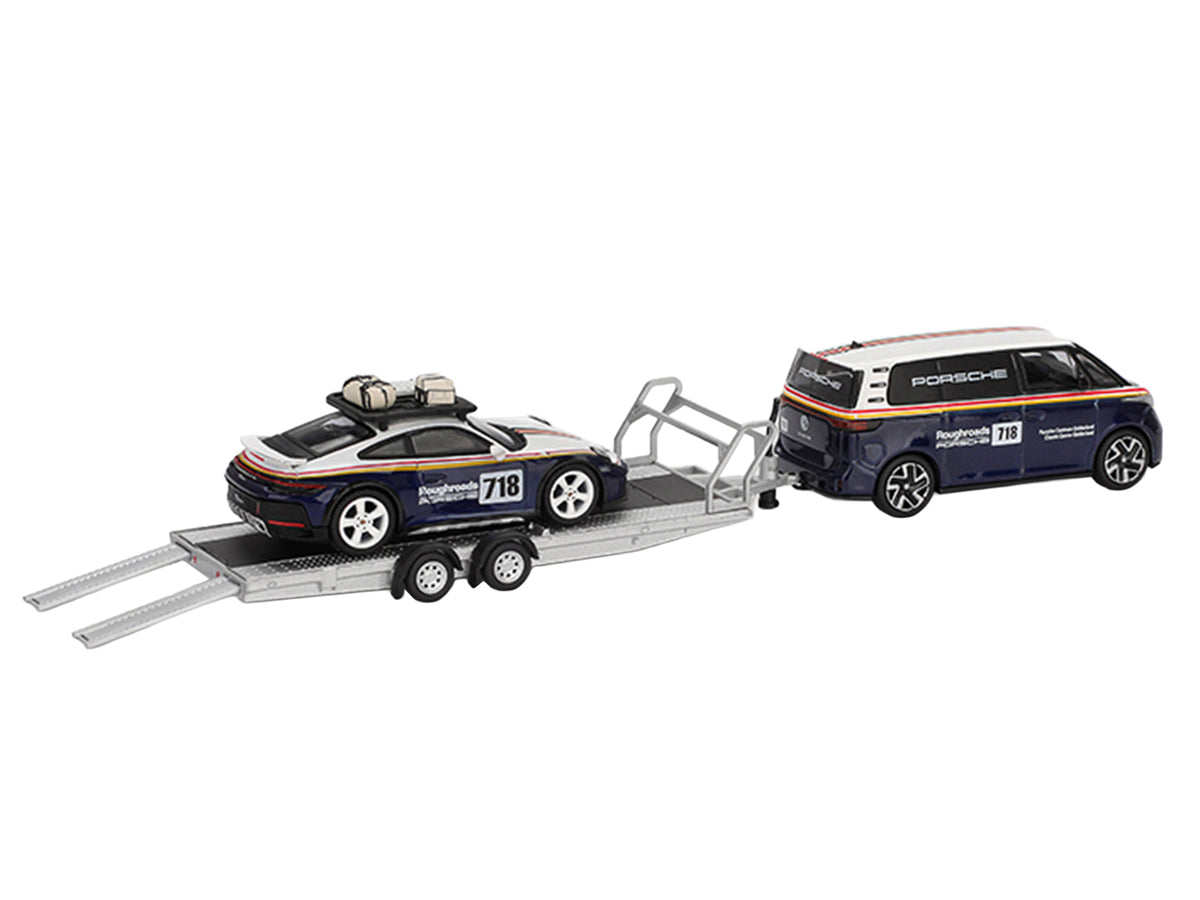 Porsche 911 Dakar #718 Blue and White with Roof Rack and Volkswagen ID. Buzz Blue and White with Flatbed Trailer 'Porsche Centrum Gelderland Roughroads' Set of 3 pieces Limited Edition 1/64 Diecast Model Car by Mini GT