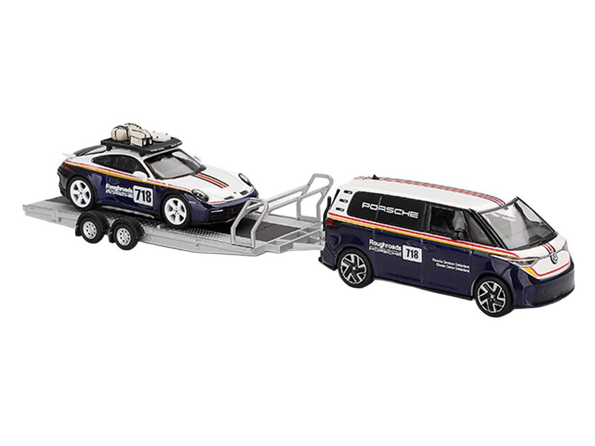 Porsche 911 Dakar #718 Blue and White with Roof Rack and Volkswagen ID. Buzz Blue and White with Flatbed Trailer 'Porsche Centrum Gelderland Roughroads' Set of 3 pieces Limited Edition 1/64 Diecast Model Car by Mini GT