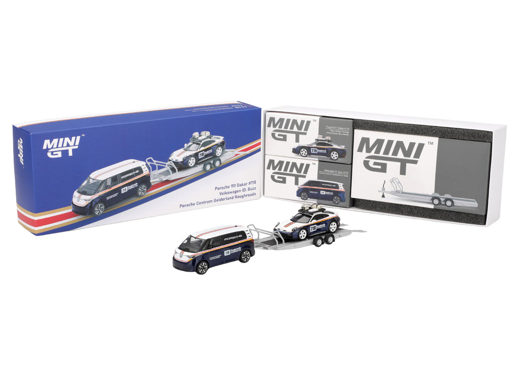 Porsche 911 Dakar #718 Blue and White with Roof Rack and Volkswagen ID. Buzz Blue and White with Flatbed Trailer 'Porsche Centrum Gelderland Roughroads' Set of 3 pieces Limited Edition 1/64 Diecast Model Car by Mini GT