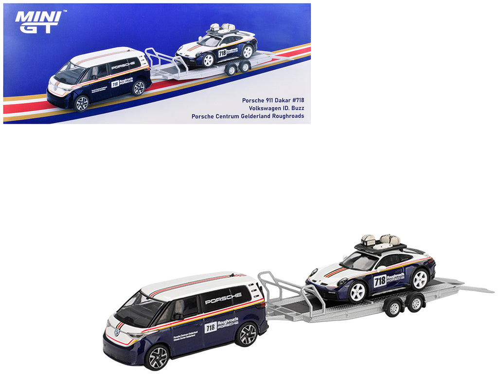 Porsche 911 Dakar #718 Blue and White with Roof Rack and Volkswagen ID. Buzz Blue and White with Flatbed Trailer 'Porsche Centrum Gelderland Roughroads' Set of 3 pieces Limited Edition 1/64 Diecast Model Car by Mini GT
