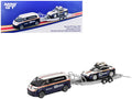 Porsche 911 Dakar #718 Blue and White with Roof Rack and Volkswagen ID. Buzz Blue and White with Flatbed Trailer 'Porsche Centrum Gelderland Roughroads' Set of 3 pieces Limited Edition 1/64 Diecast Model Car by Mini GT