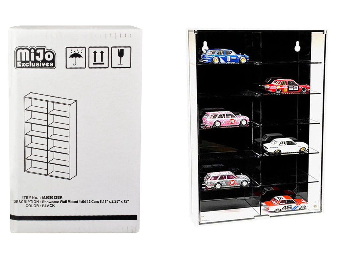 Showcase 12 Car Display Case Wall Mount with Black Back Panel 'Mijo Exclusives' for 1/64 Scale Models