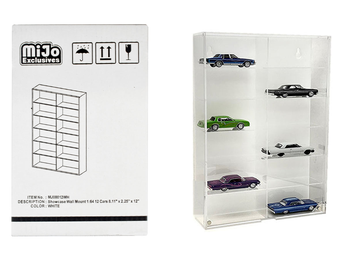Showcase 12 Car Display Case Wall Mount with White Back Panel 'Mijo Exclusives' for 1/64 Scale Models