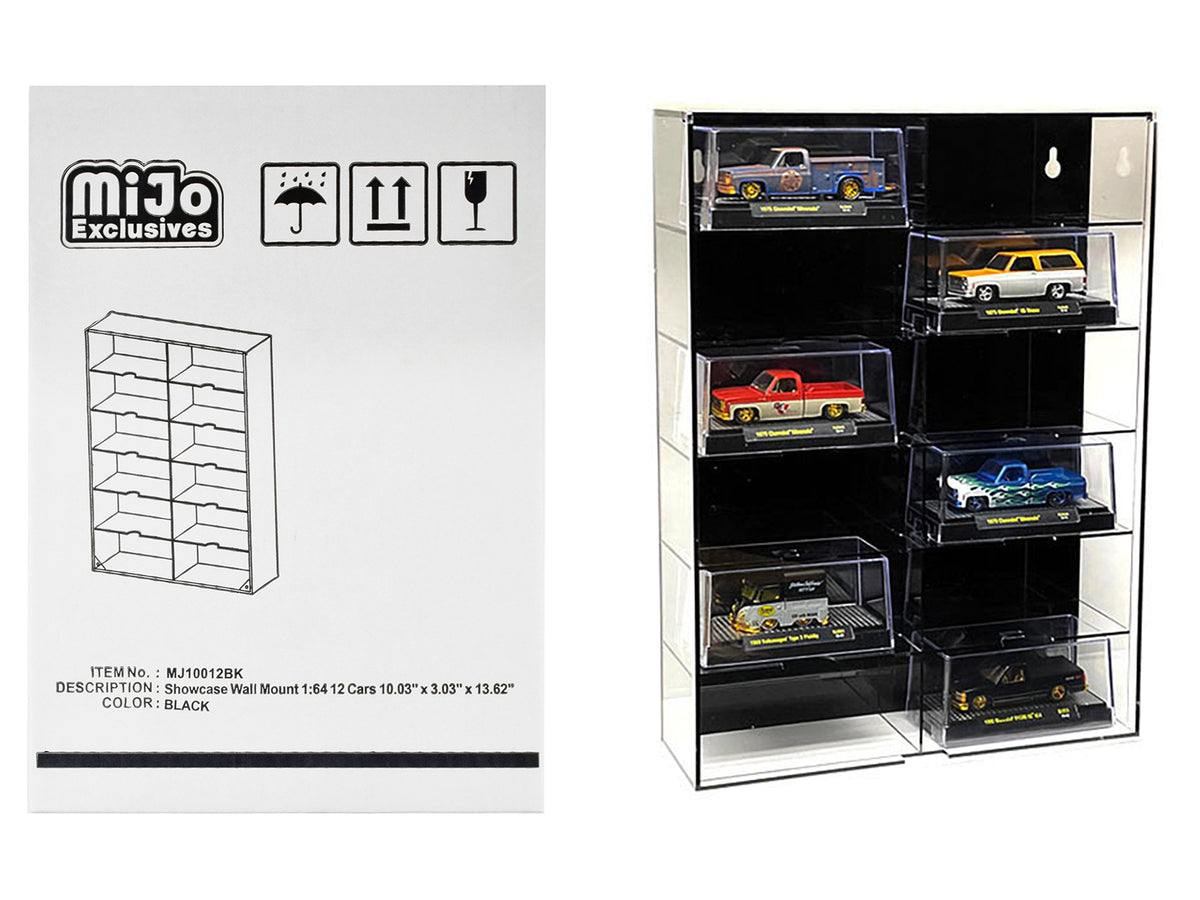 Showcase 12 Car Display Case Wall Mount with Black Back Panel and Extra Space 'Mijo Exclusives' for 1/64 Scale Models
