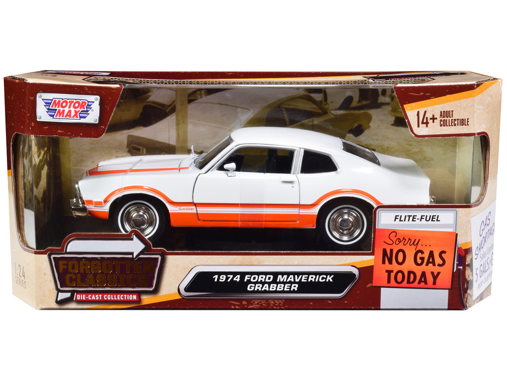 1974 Ford Maverick Grabber White with Orange Stripes 'Forgotten Classics' Series 1/24 Diecast Model Car by Motormax