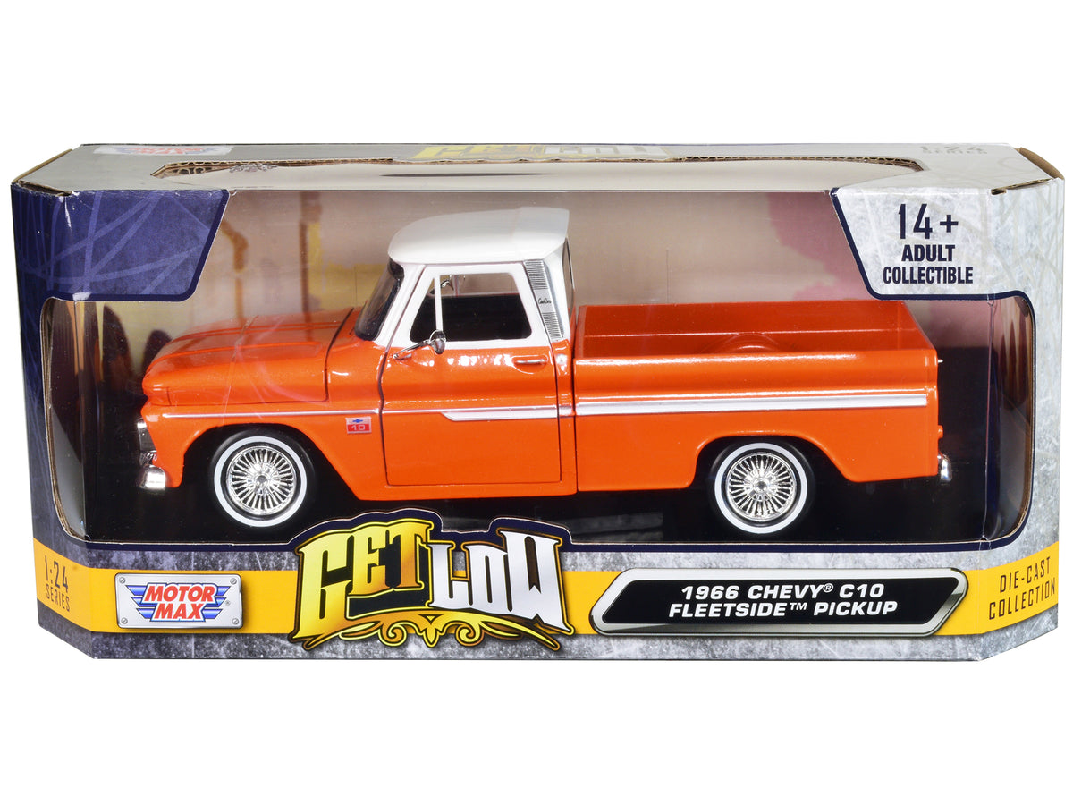 1966 Chevrolet C10 Fleetside Pickup Truck Lowrider Orange Metallic with White Top 'Get Low' Series 1/24 Diecast Model Car by Motormax