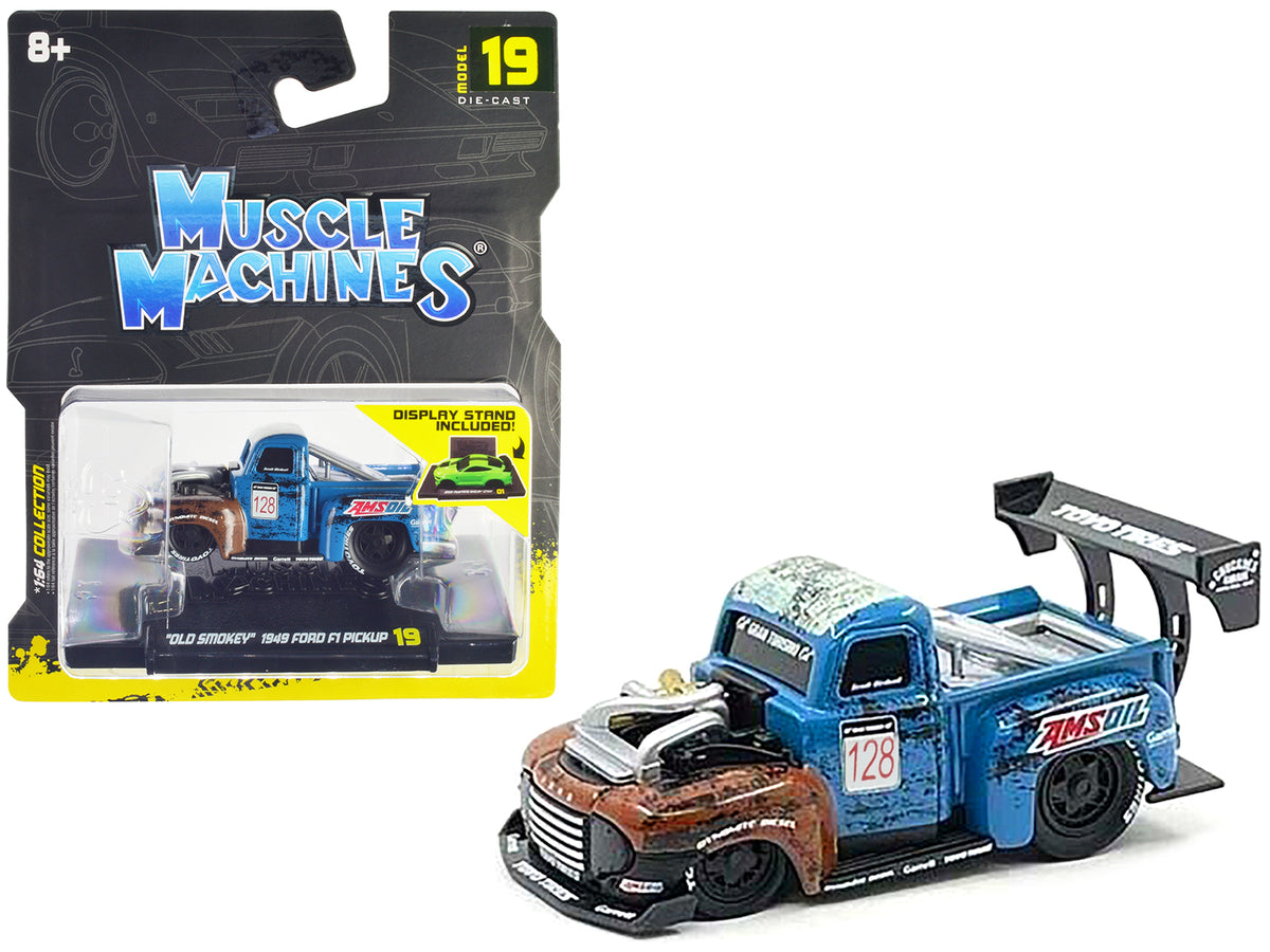 1949 Ford F1 Pickup Truck #128 'Old Smokey' Blue and Brown (Weathered) 1/64 Diecast Model Car by Muscle Machines